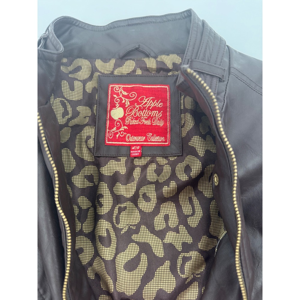 Apple Bottoms Womens Brown Faux Leather Ruffle Moto Jacket Leopard Lining L - Picture 10 of 13